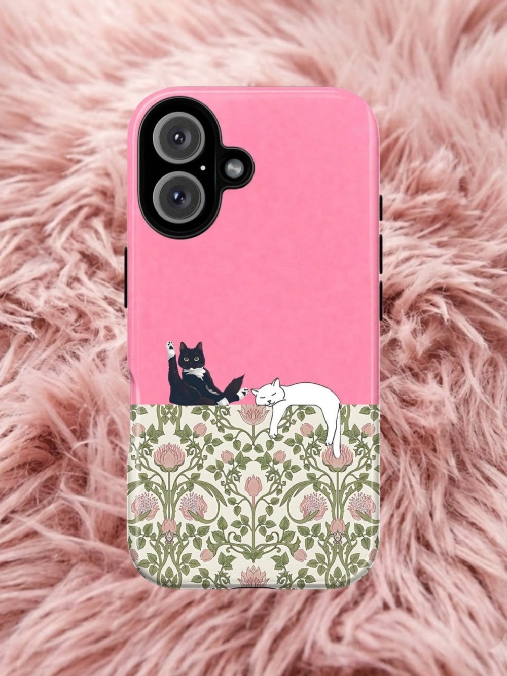 Pink Floral Cat Illustration Phone Case for Cats Lovers